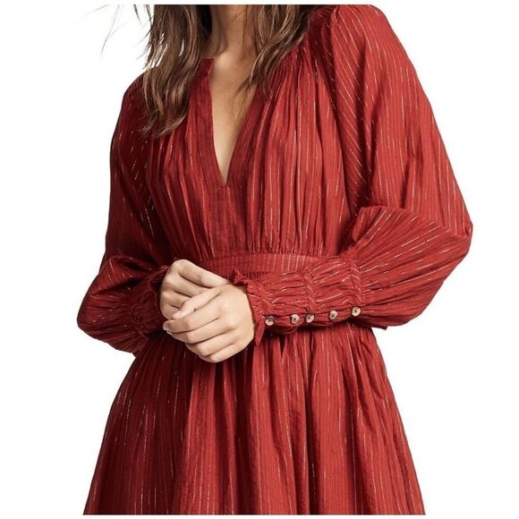 Ulla Johnson Rory Metallic Cotton Long Sleeve Mini Dress Ruby Red Size 4 - Picture 2 of 13